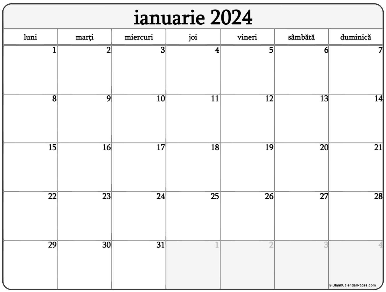 Calendarul ianuarie 2024 imprimabil gratuit in romana