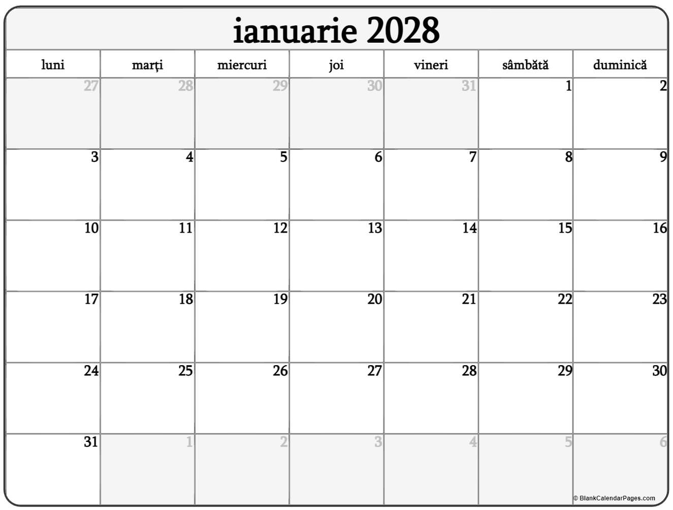 ianuarie 2028 calendarul romanesc