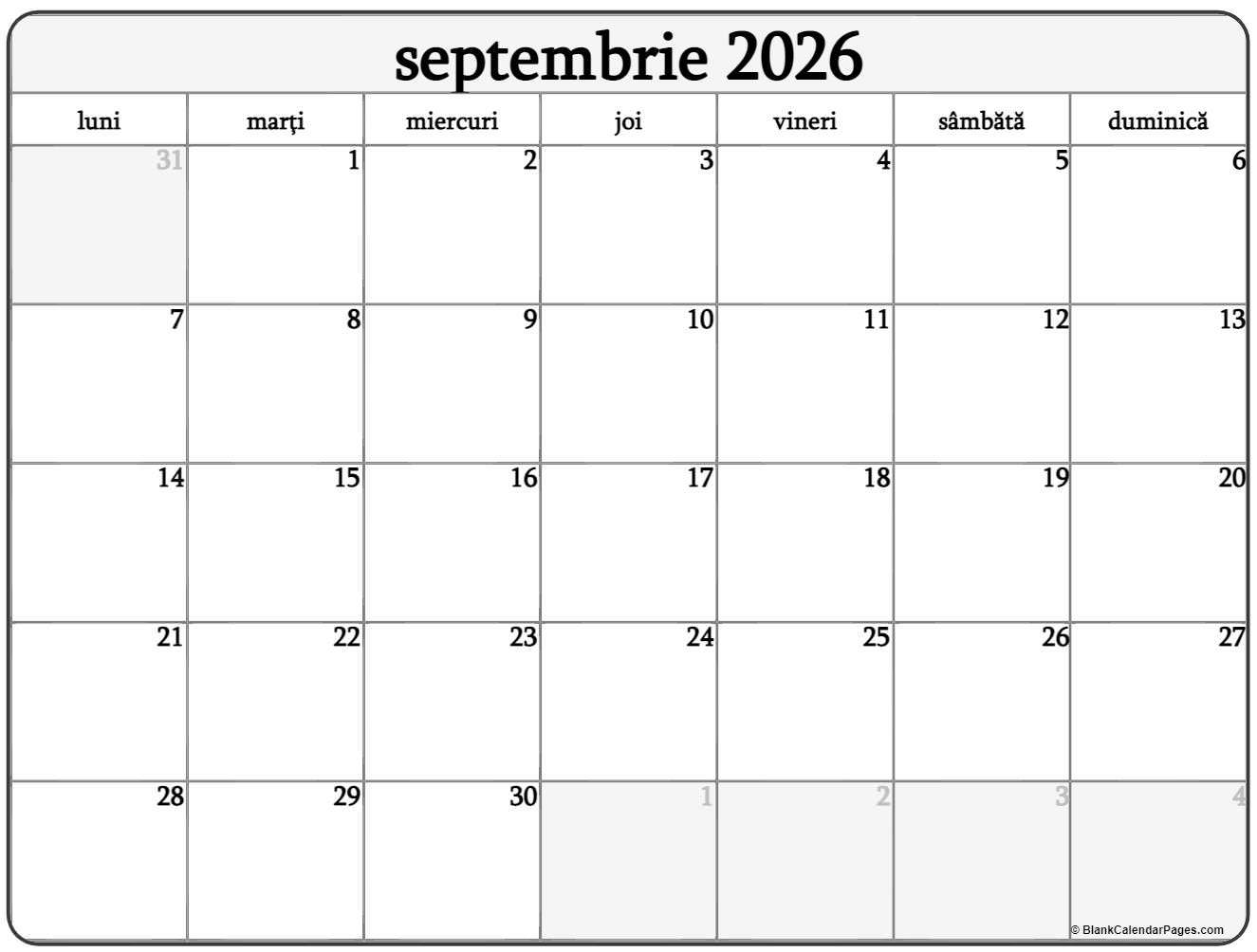 Calendarul Septembrie 2026 Imprimabil Gratuit In Romana
