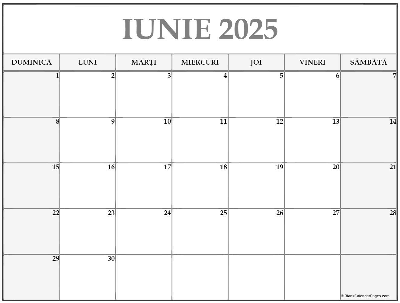 Calendarul iunie 2025 imprimabil gratuit in romana