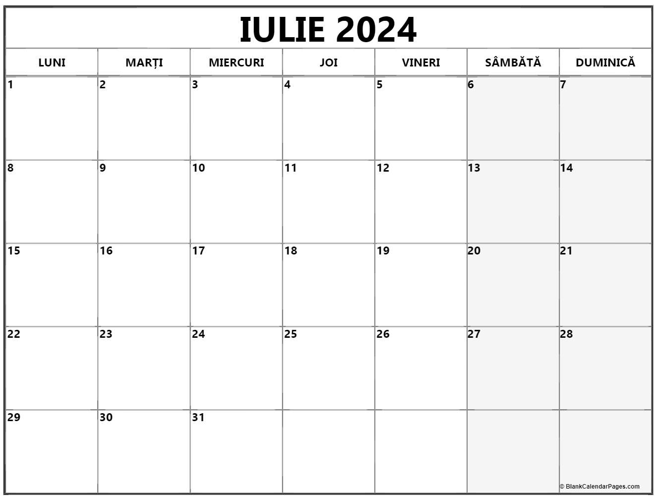 Calendarul iulie 2024 imprimabil gratuit in romana