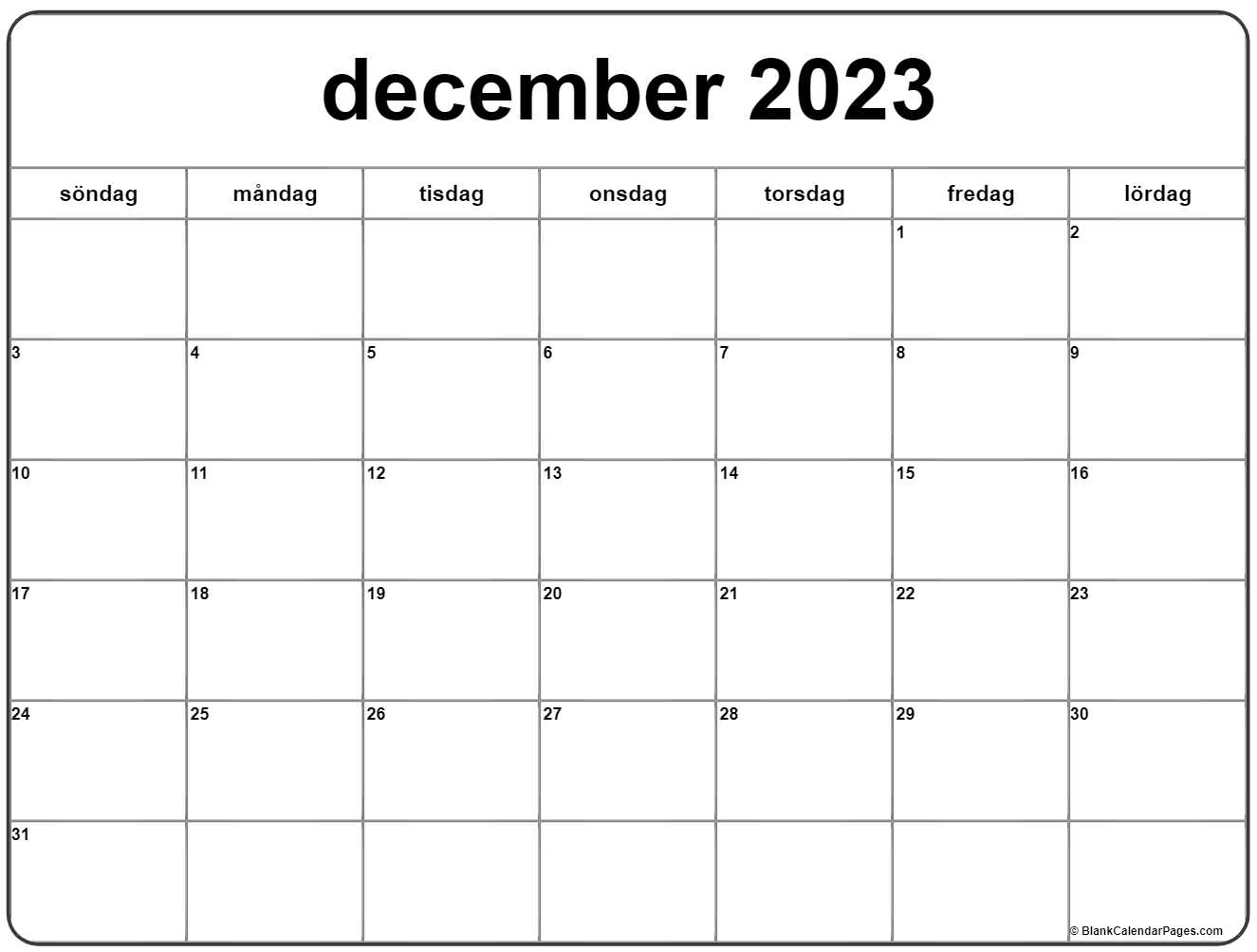 december 2023 kalender Svenska Kalender december