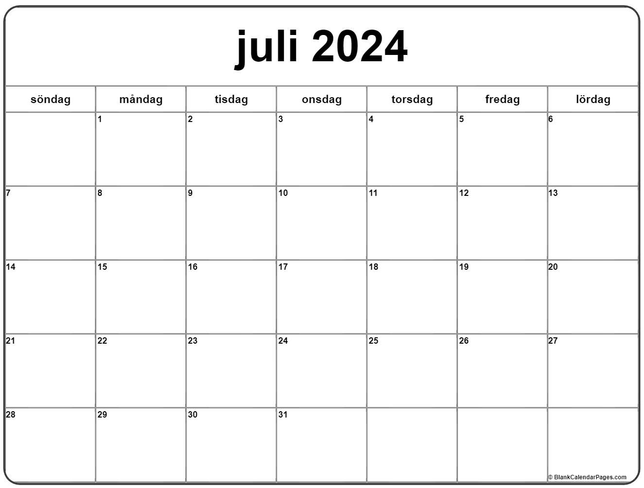 juli 2024 kalender Svenska Kalender juli