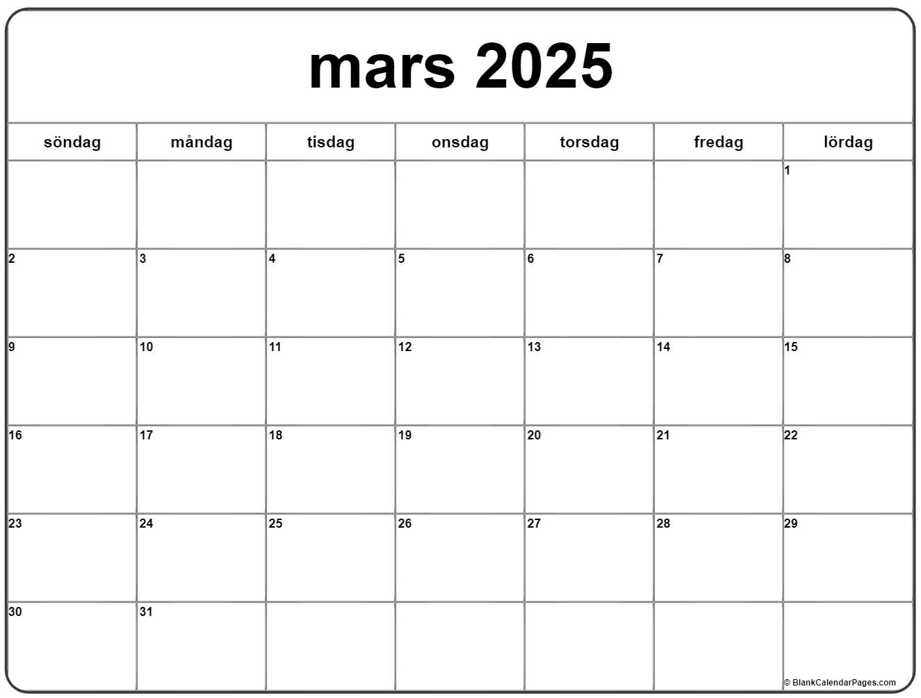 mars 2025 kalender Svenska  Kalender mars