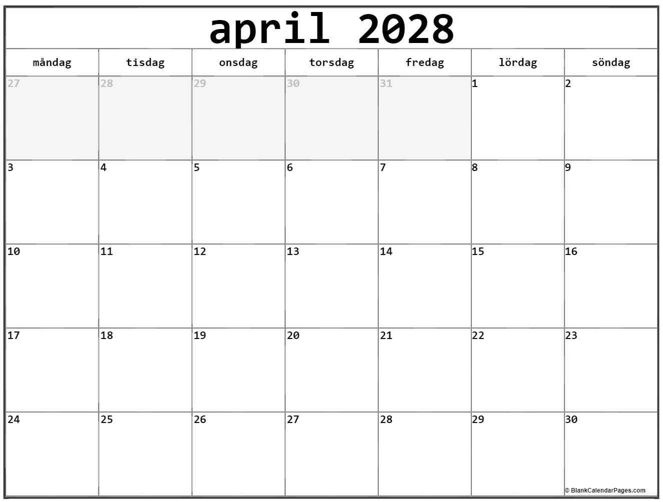 april 2028 kalender måndag start