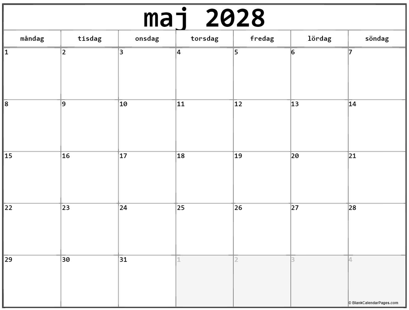 maj 2028 kalender måndag start