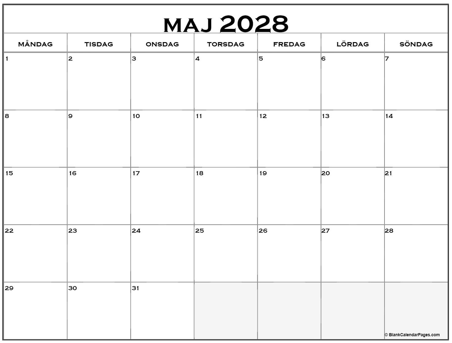 maj 2028 kalender måndag start