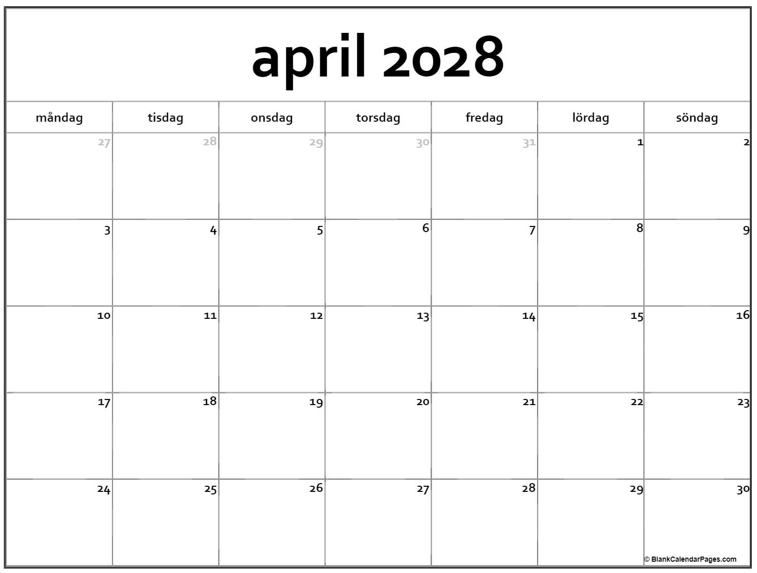 april 2028 kalender måndag start