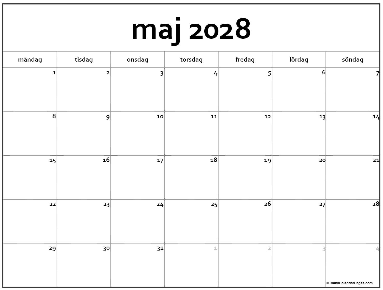 maj 2028 kalender måndag start