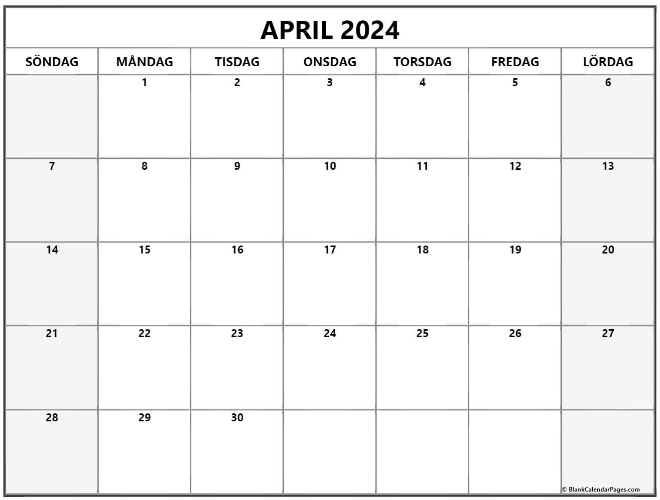 april 2024 kalender Svenska Kalender april
