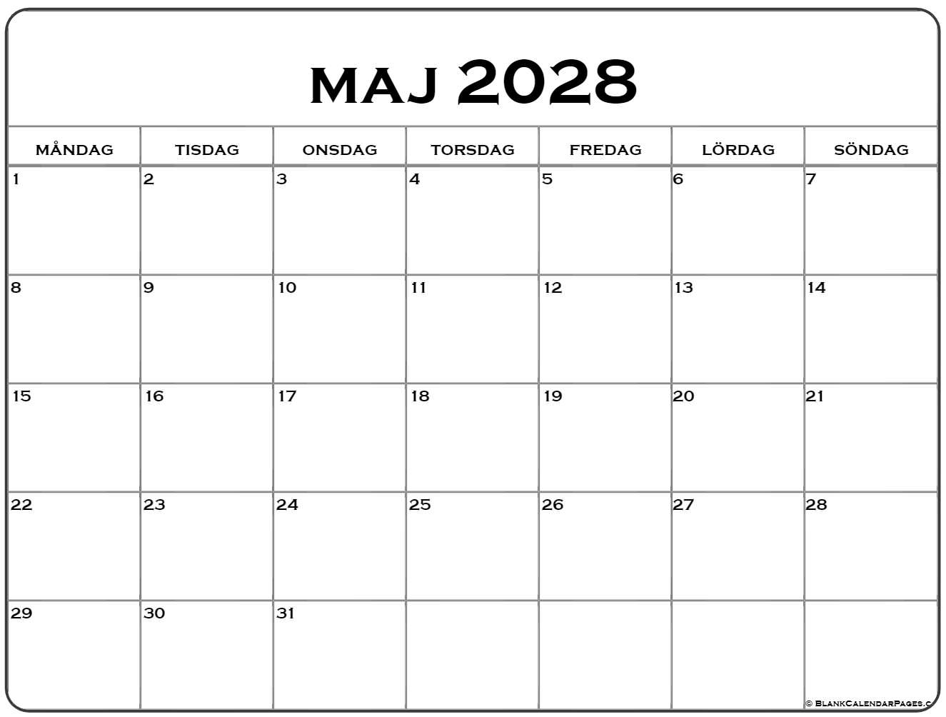 maj 2028 kalender måndag start