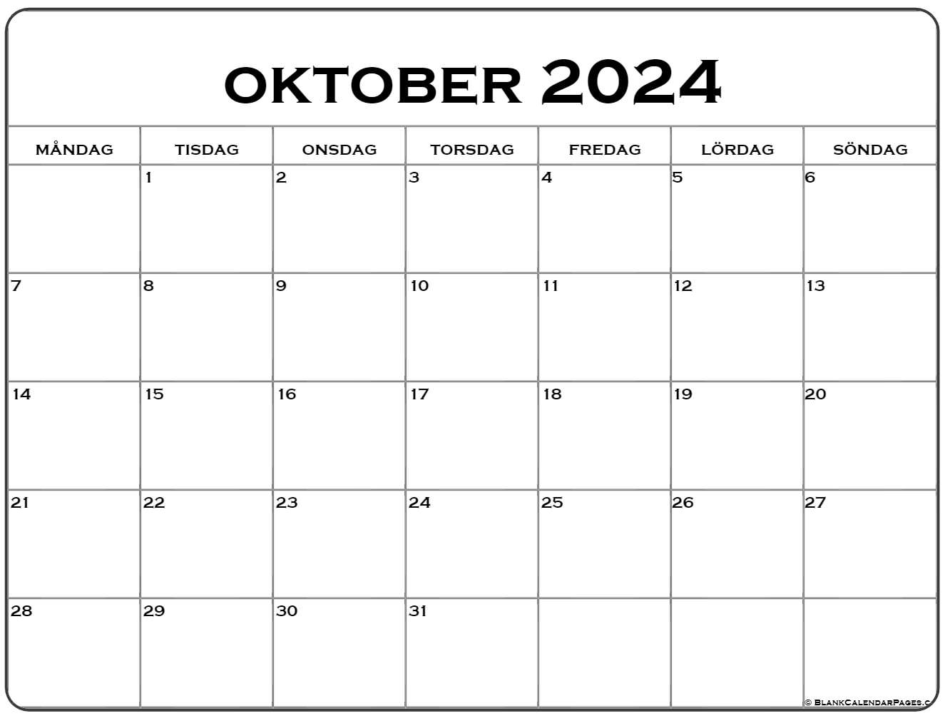 oktober 2024 kalender Svenska Kalender oktober