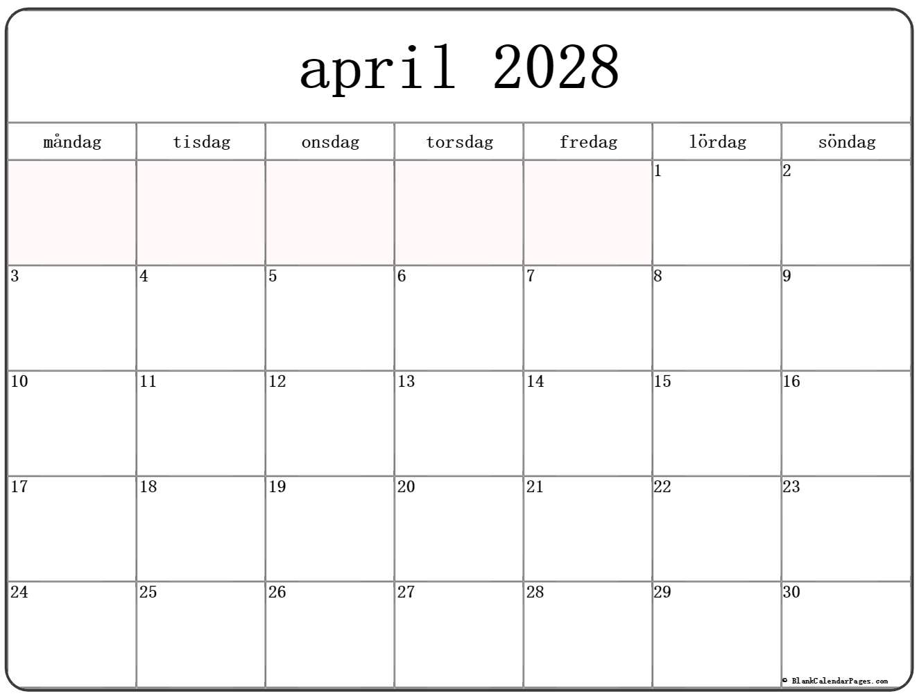 april 2028 kalender måndag start