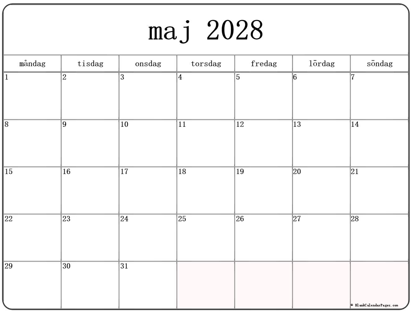 maj 2028 kalender måndag start