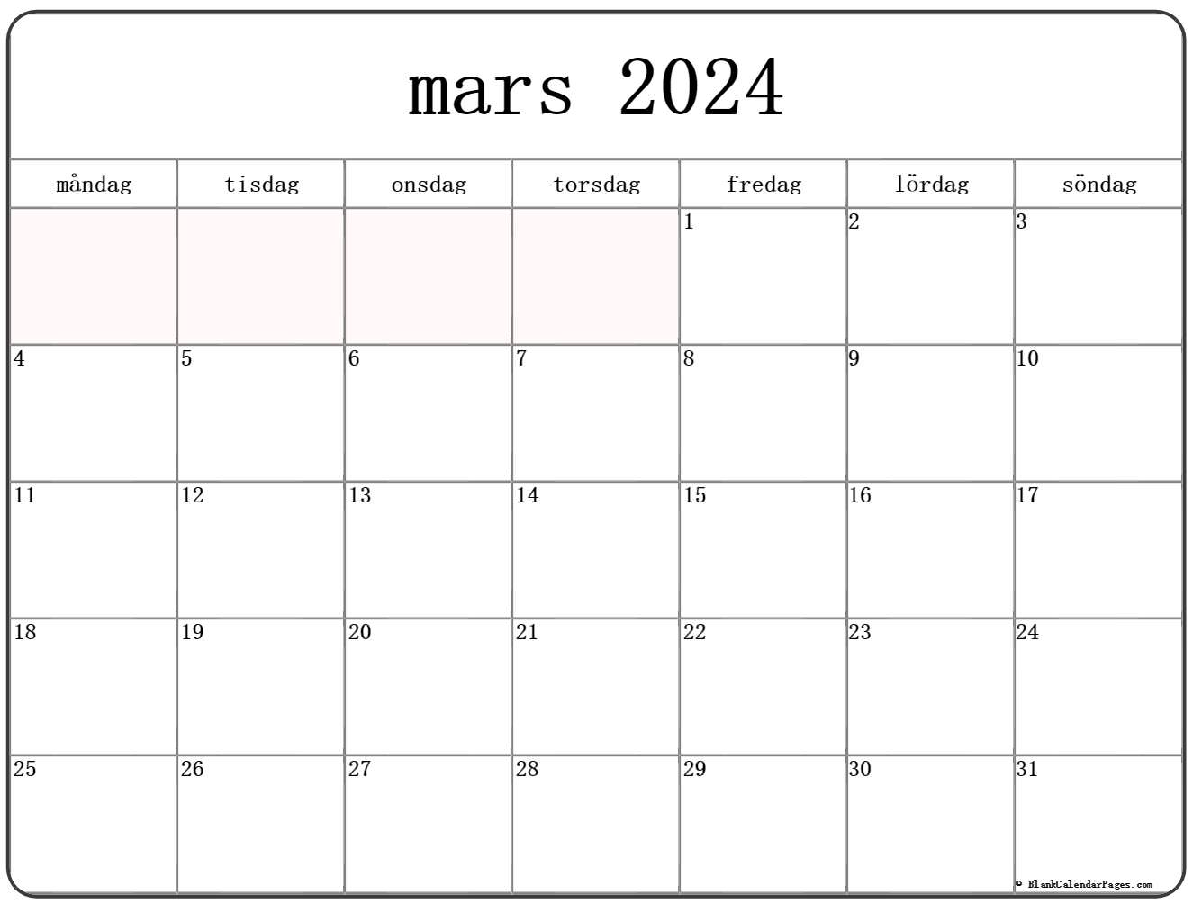 mars 2024 kalender Svenska Kalender mars