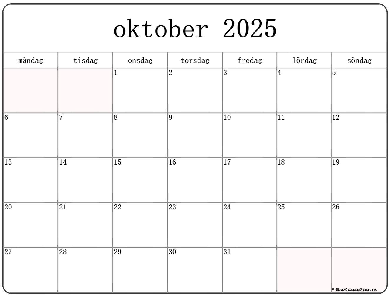 oktober 2025 kalender Svenska  Kalender oktober