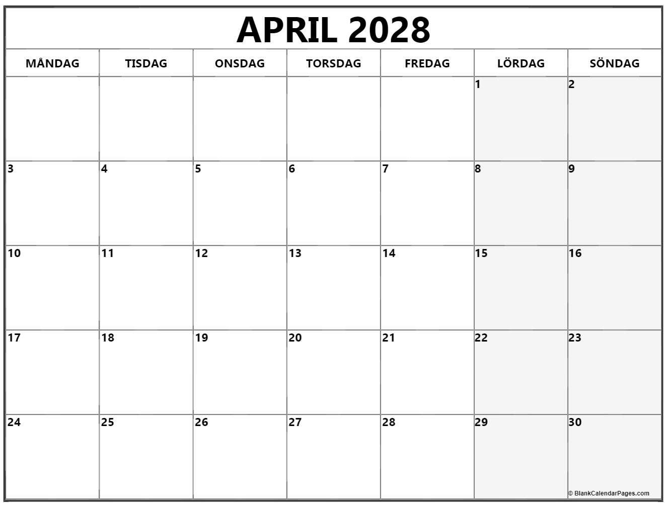 april 2028 kalender måndag start