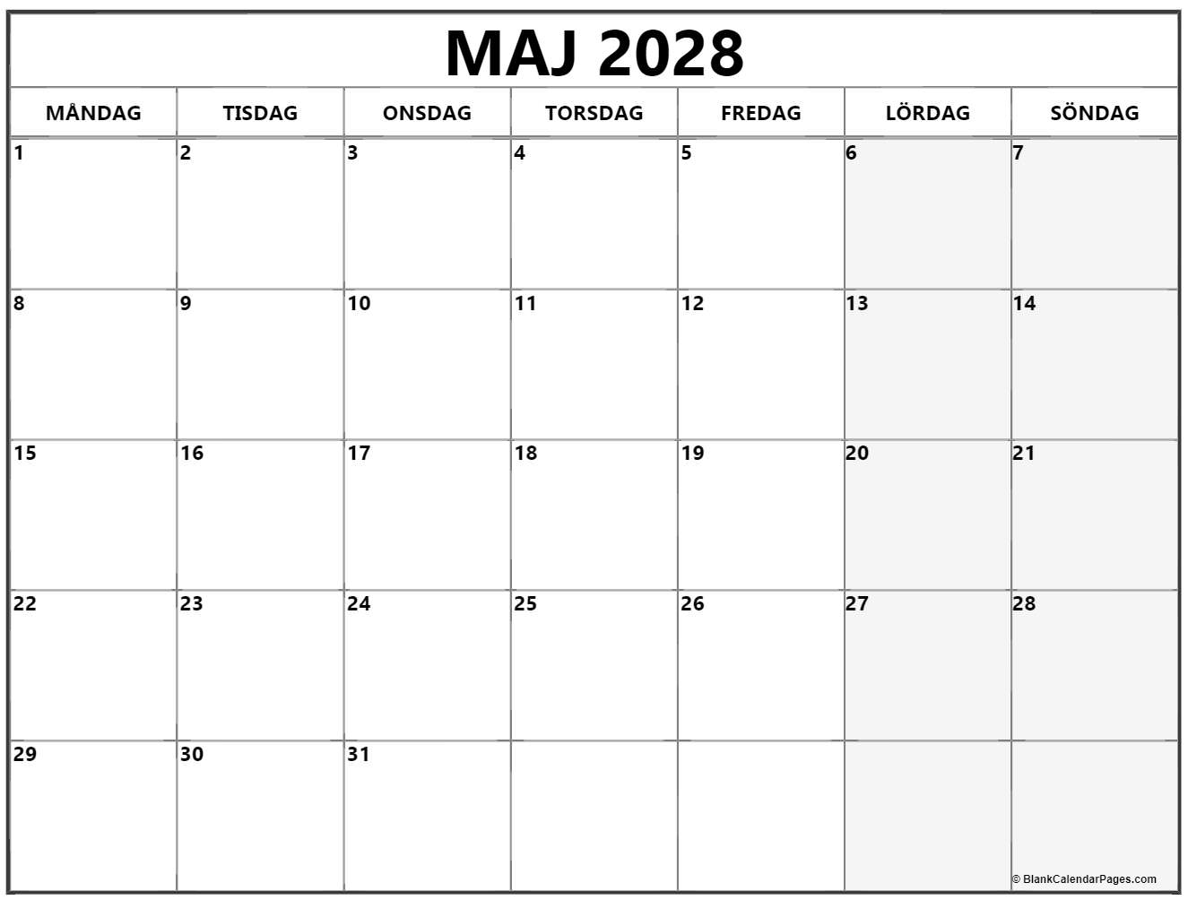 maj 2028 kalender måndag start
