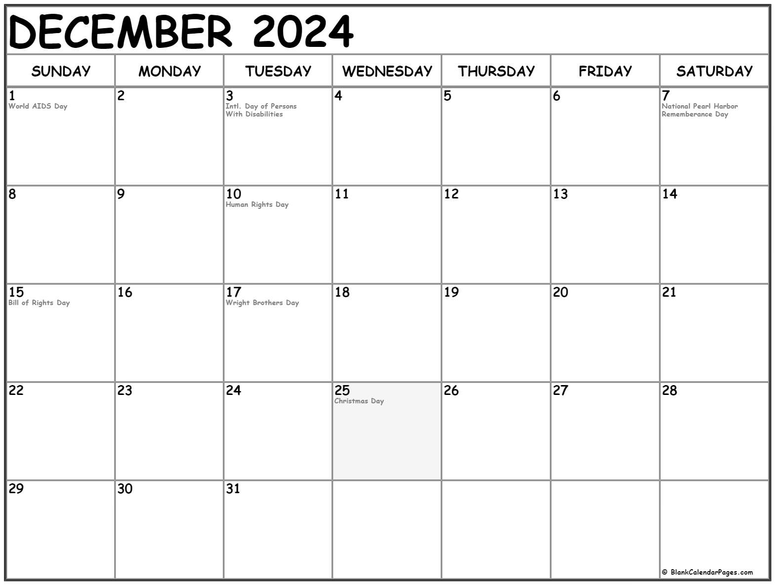 Usa Calendar December 2018
