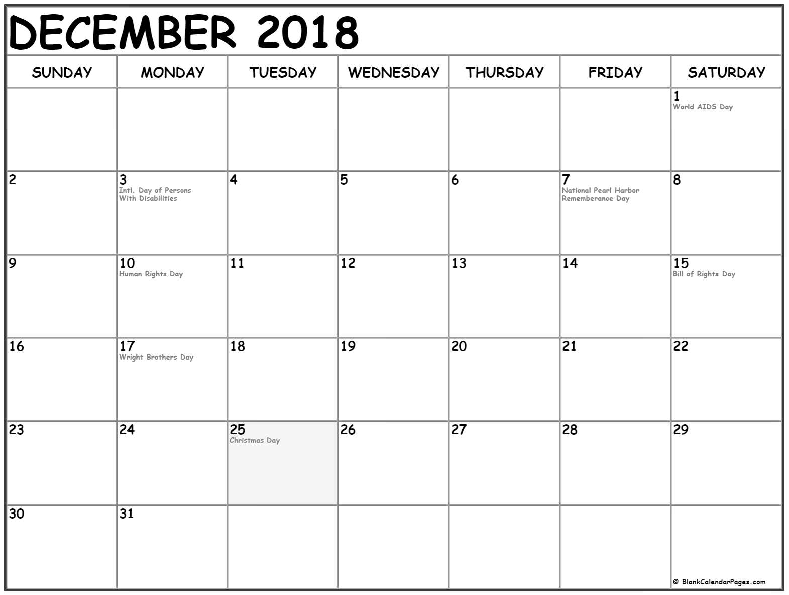 Collection Of December 2018 Calendars With Holidays