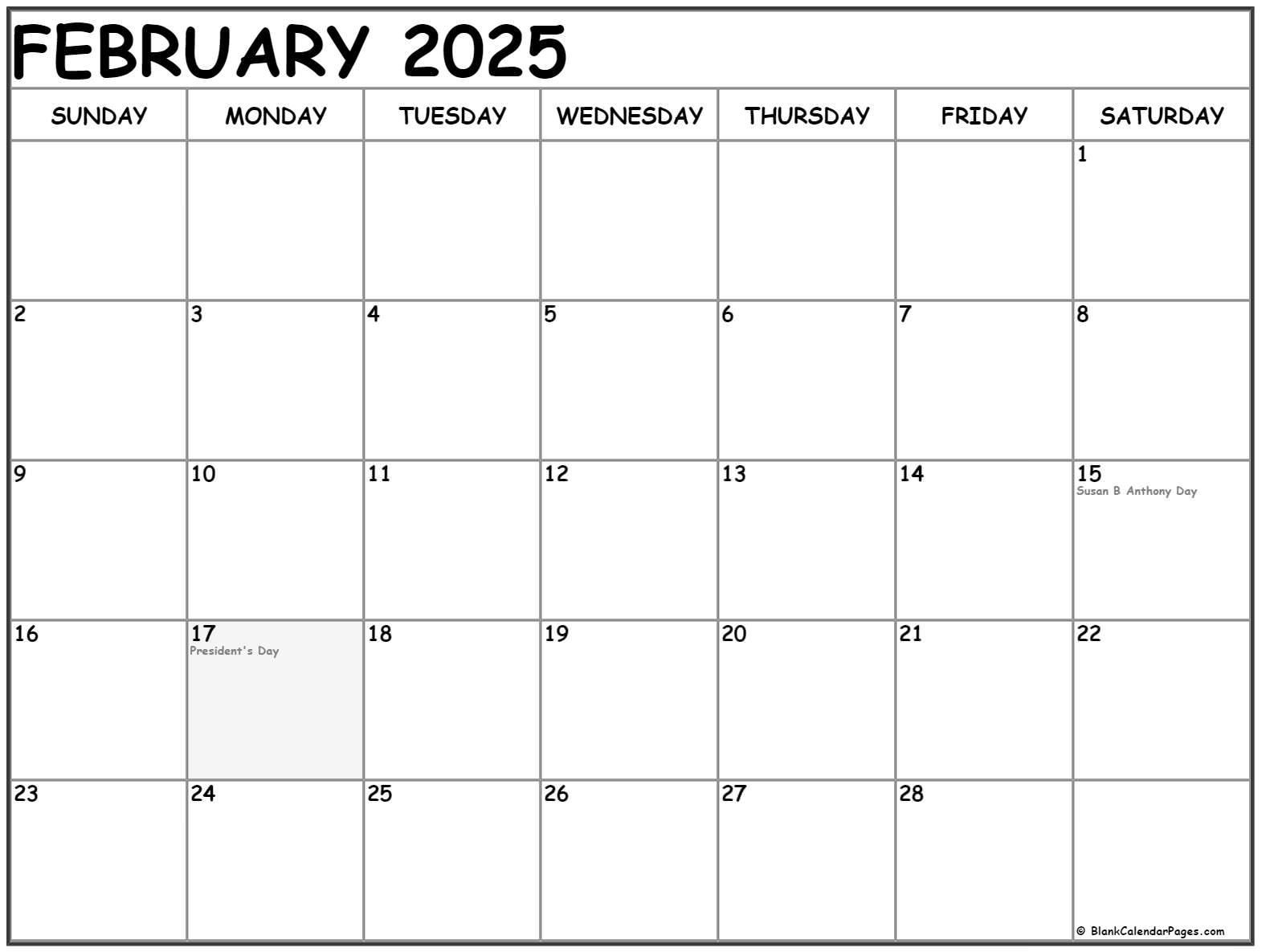 February 2025 with holidays calendar
