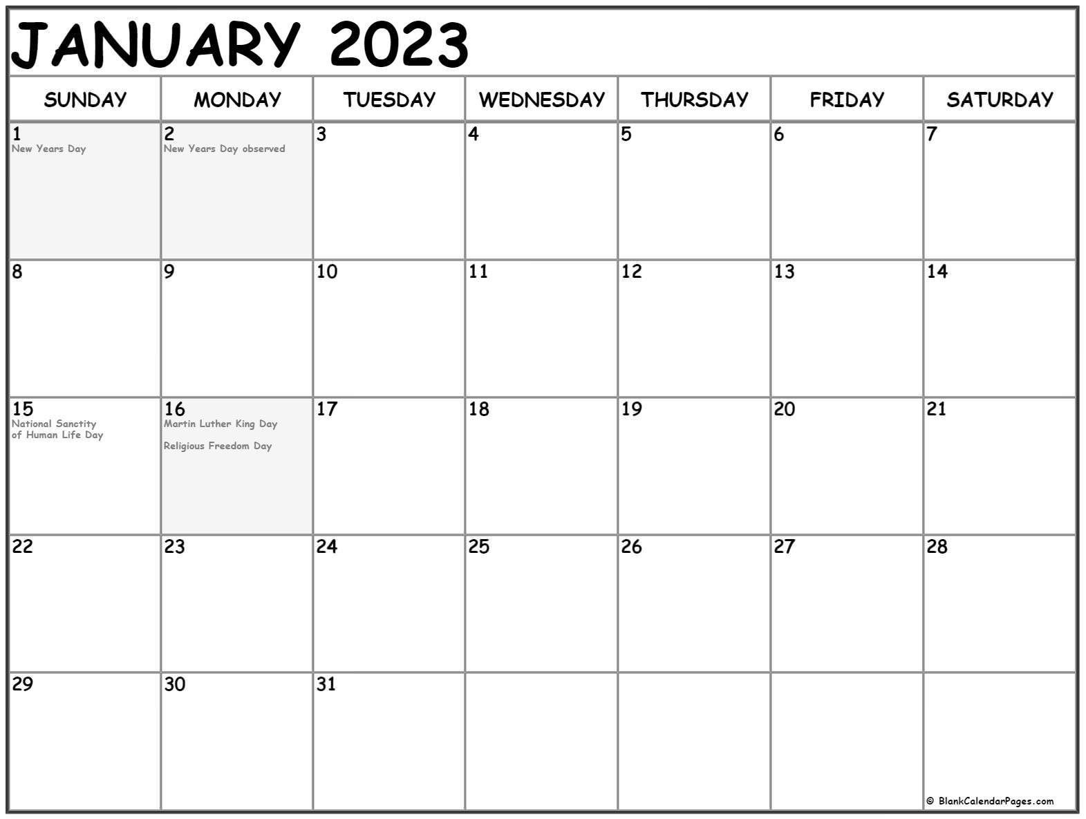 January 2023 With Holidays Calendar