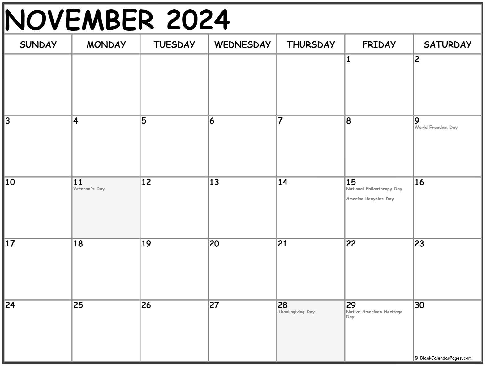 November 2024 with holidays calendar