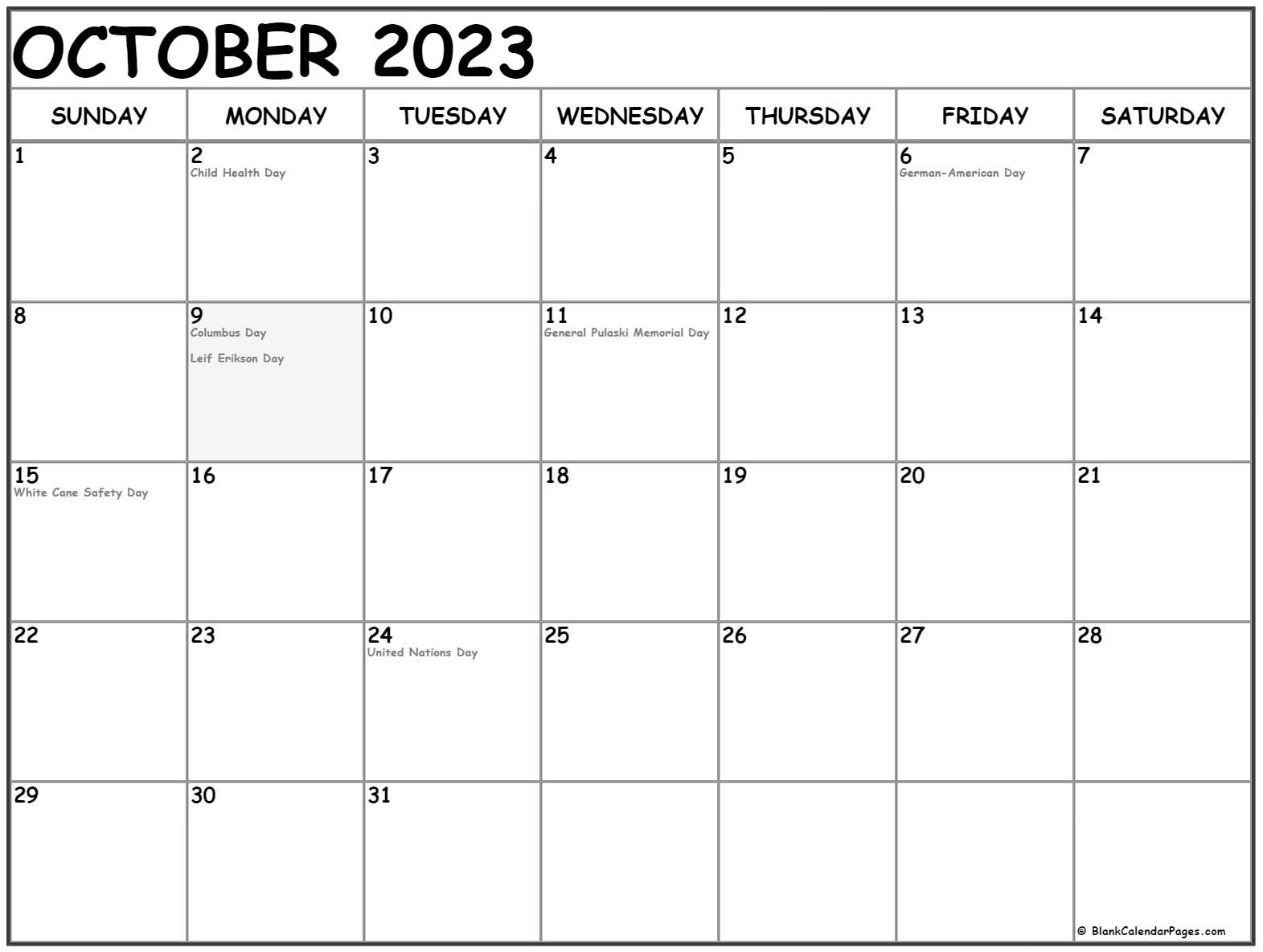 October 2023 Calendar With Holidays Printable Free