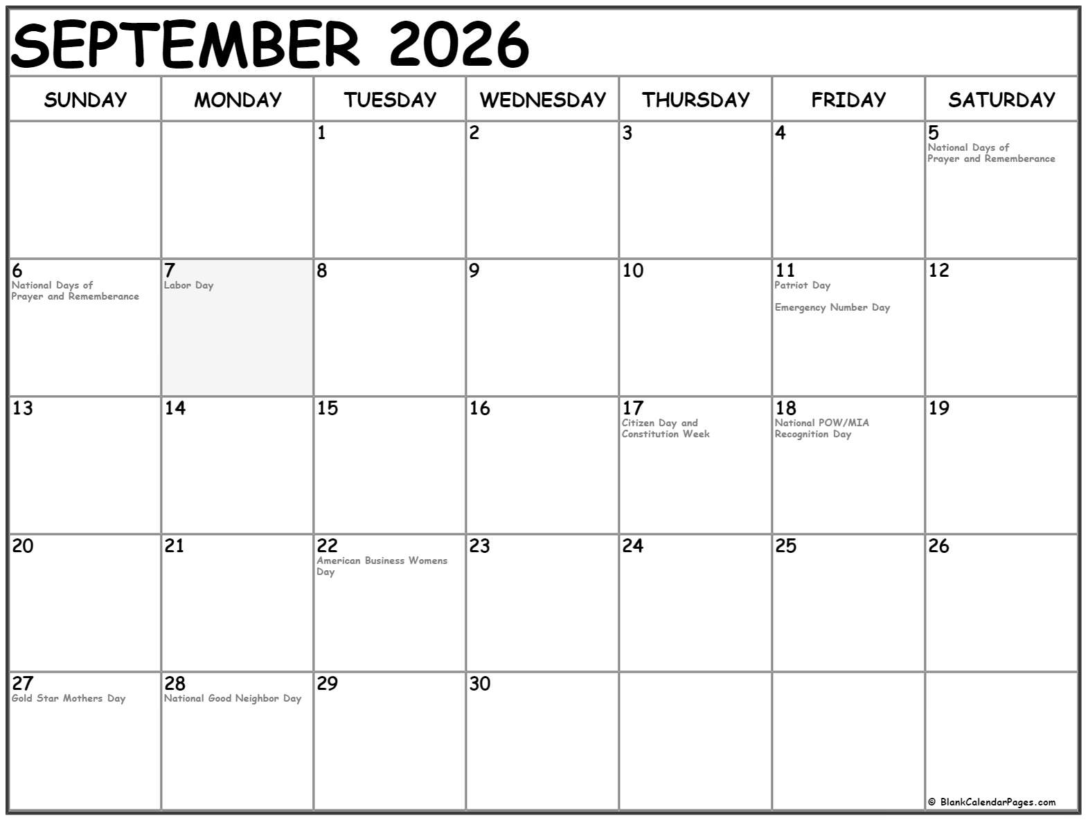 September 2022 With Holidays Calendar
