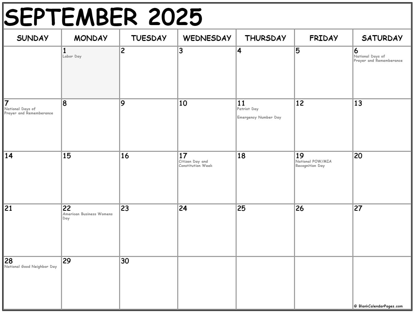 September 2025 with holidays calendar