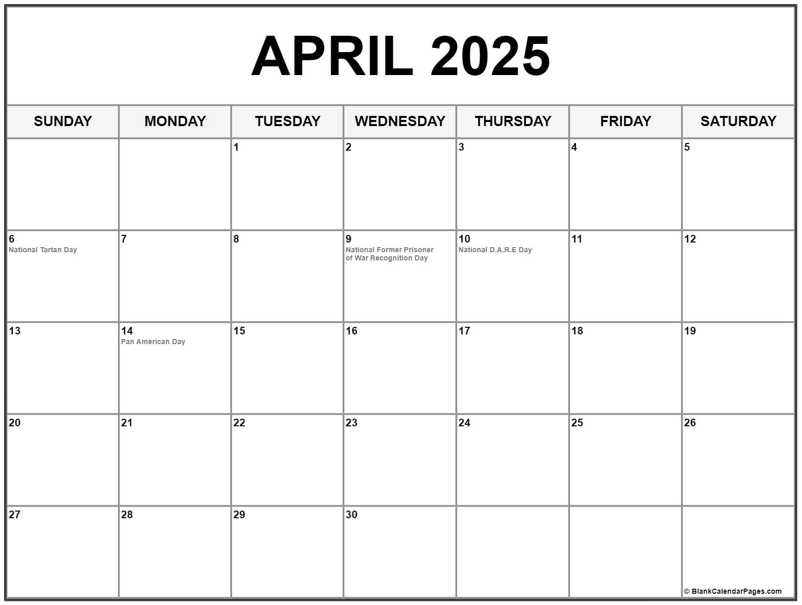 April 2020 calendar with holidays