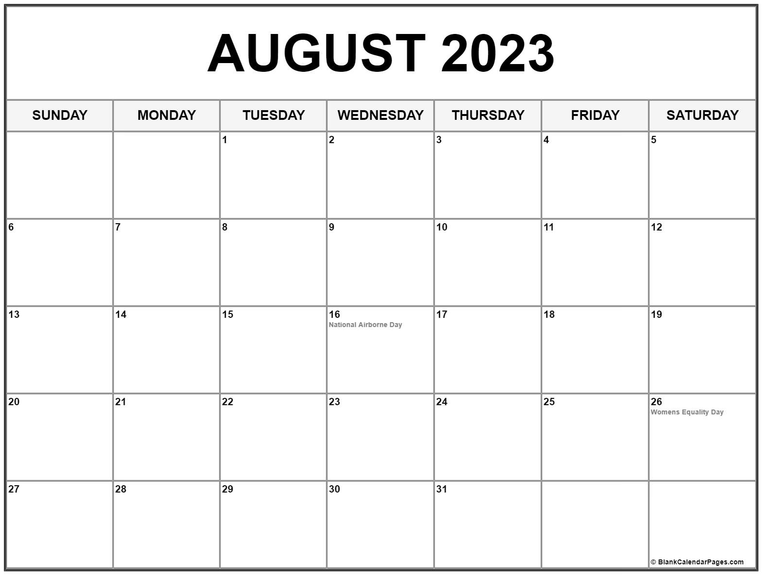 August 2023 Calendar With Holidays Printable Free
