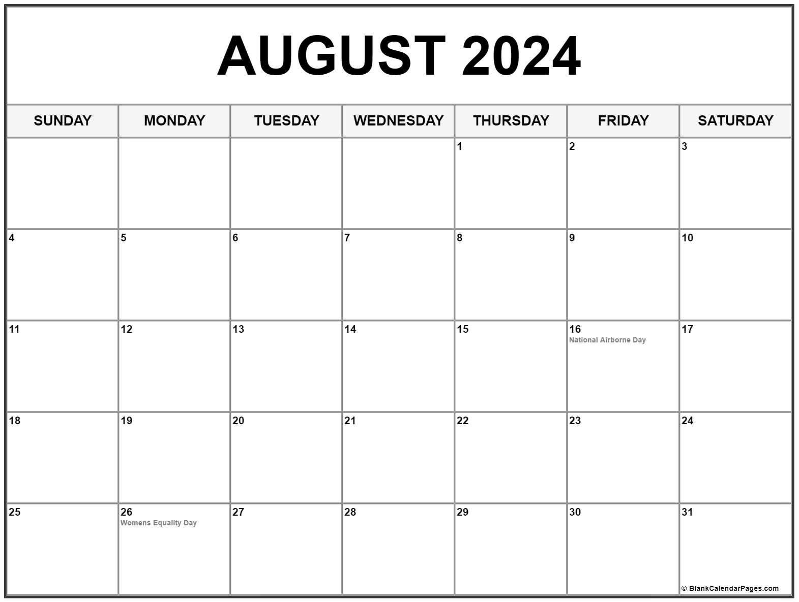 2024 August Calendar With Holidays Printable Pdf Lula Sindee