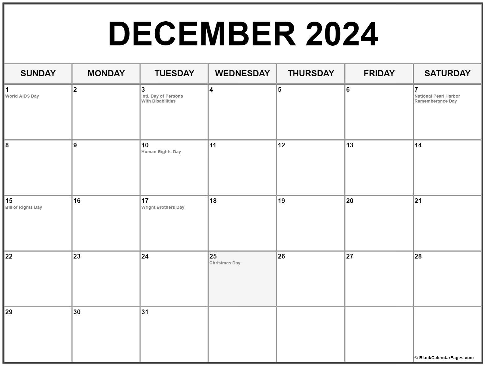 December 2024 with holidays calendar