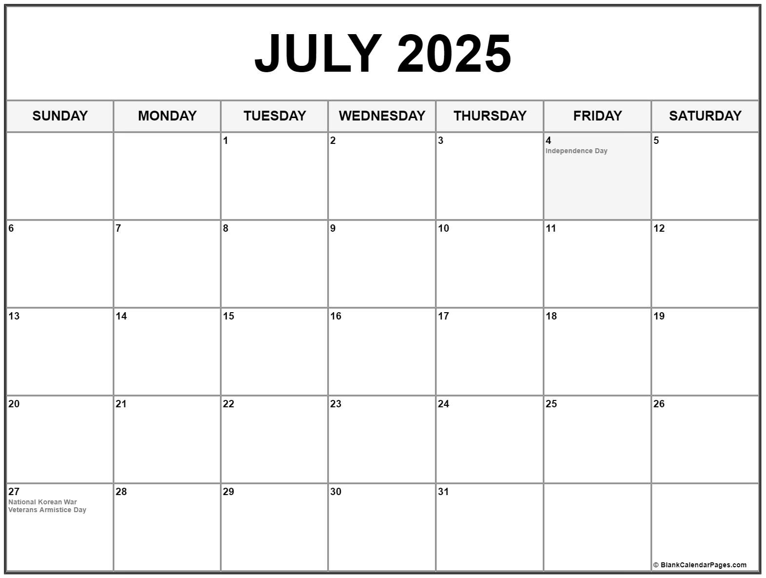 July 2025 With Holidays Calendar