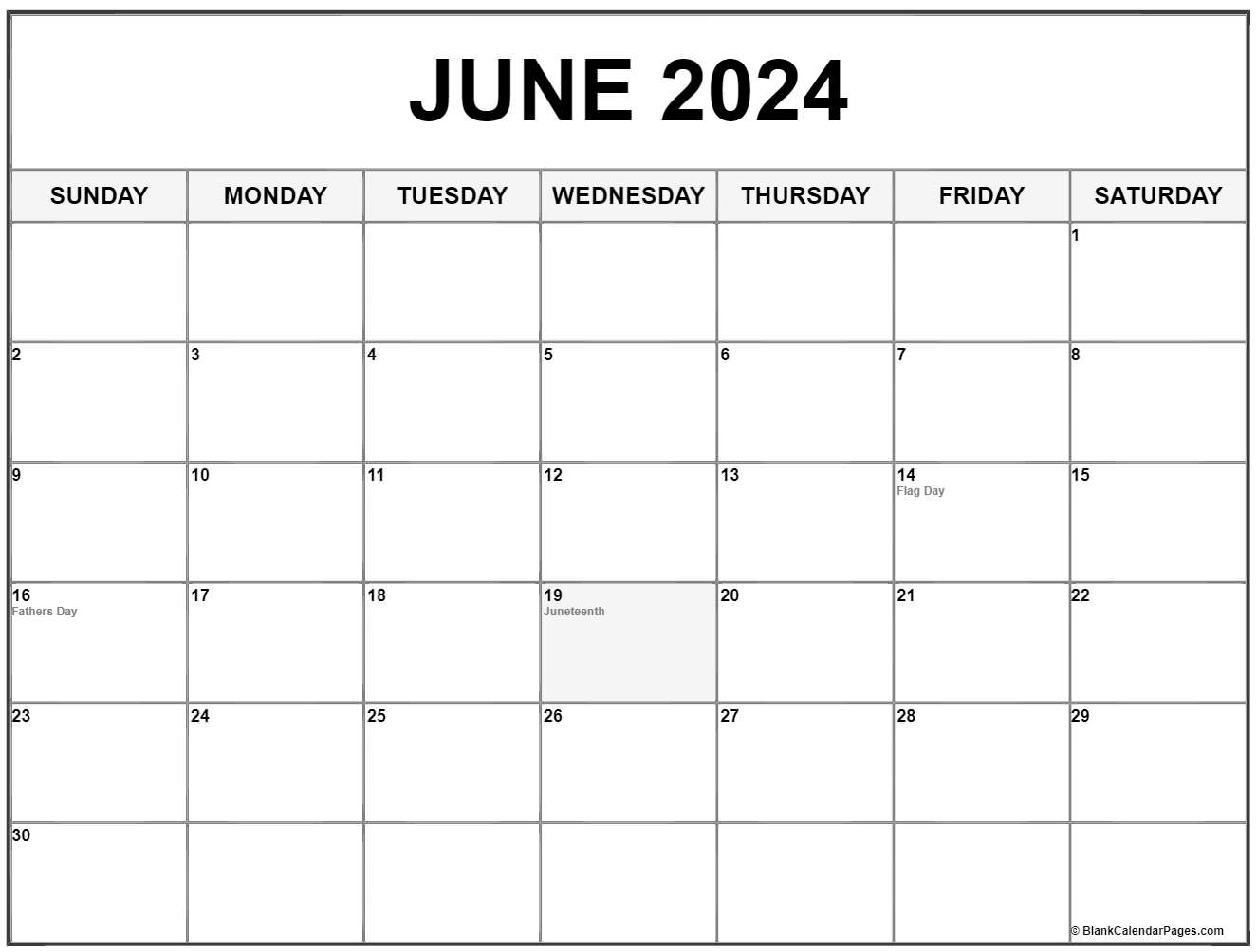 June Calendar 2019 With Holidays