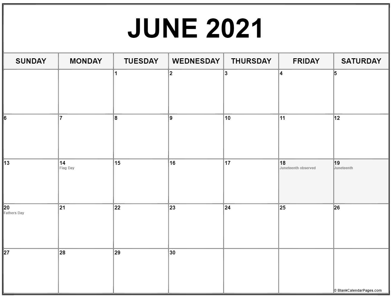 June 2021 With Holidays Calendar