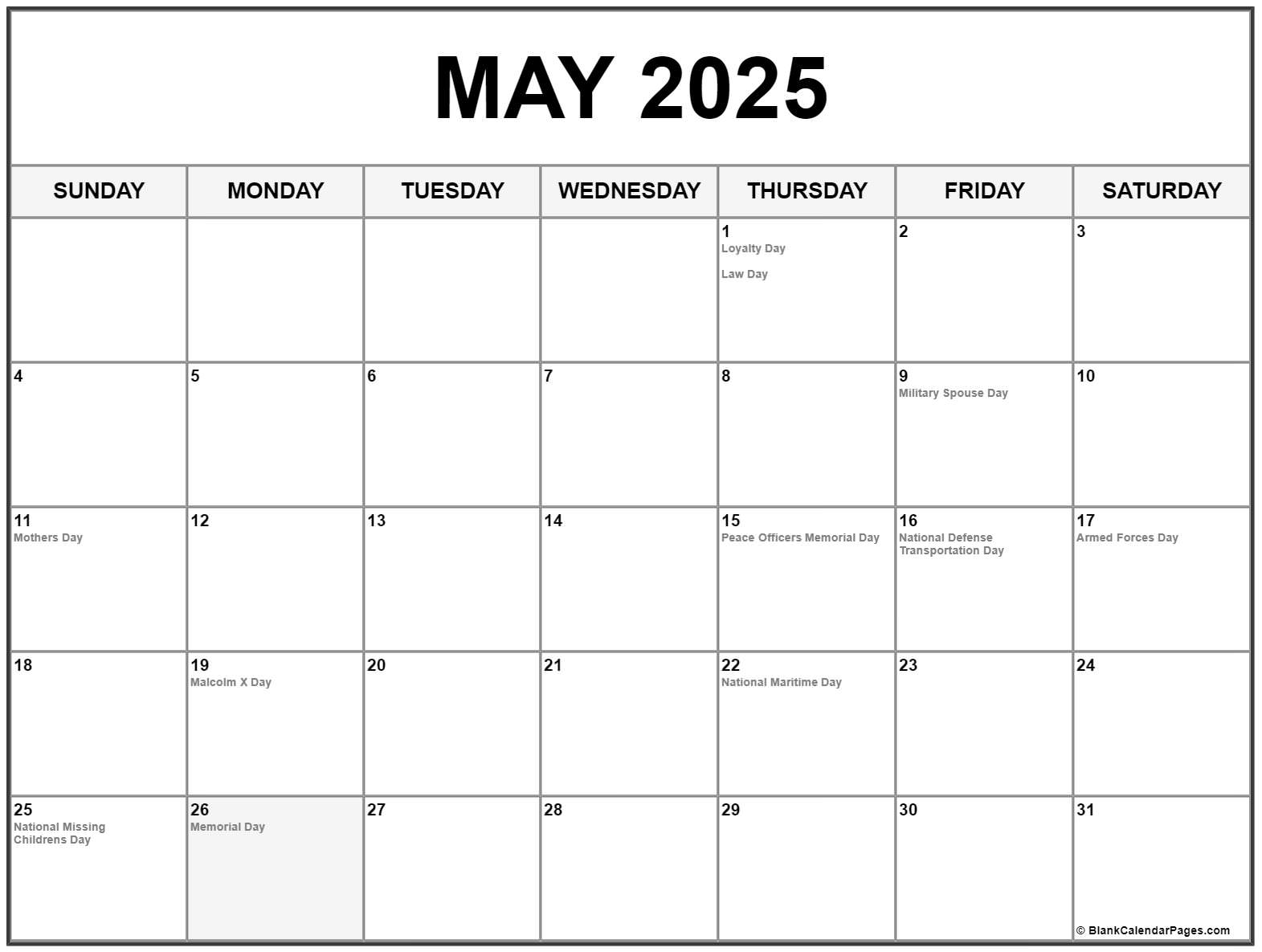 May 2021 With Holidays Calendar