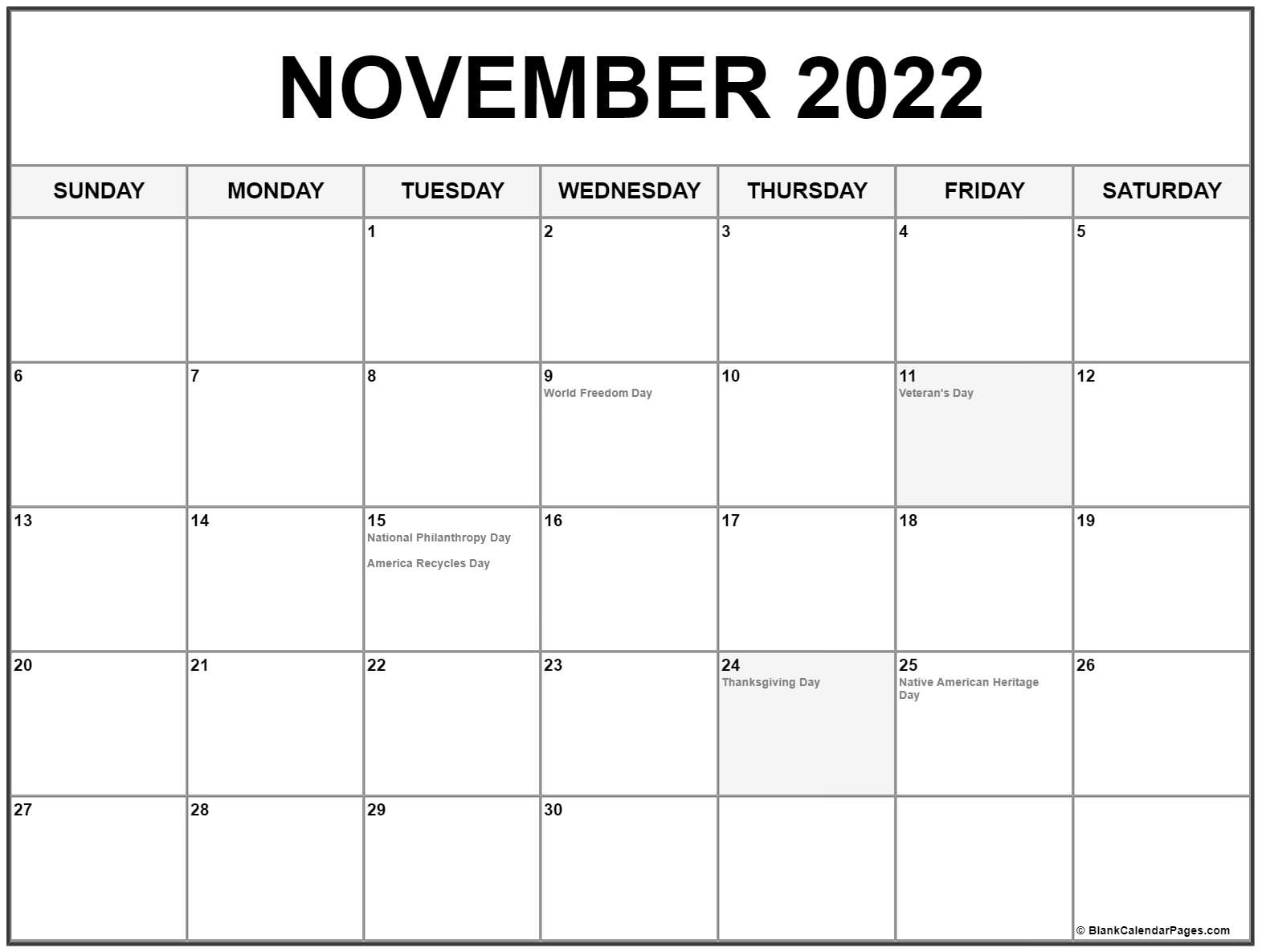 November 2022 With Holidays Calendar