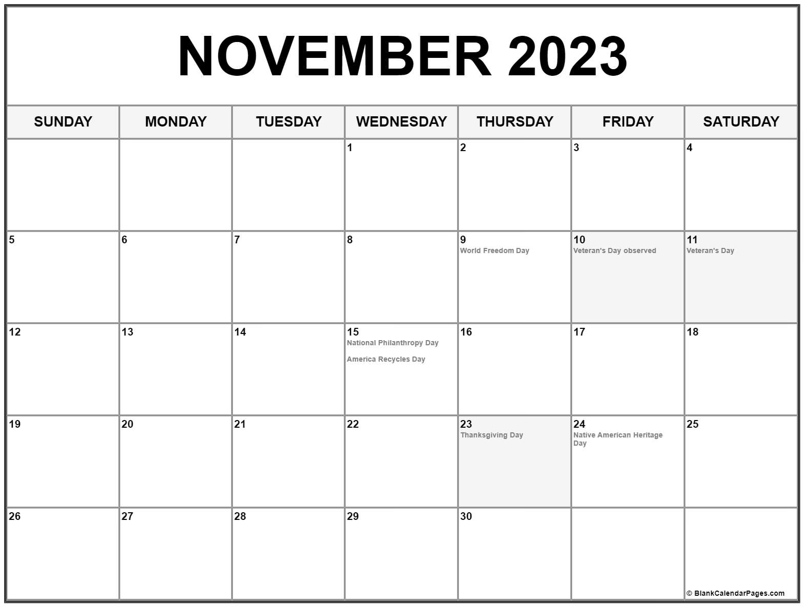 November 2023 Printable Calendar Printable Blank World