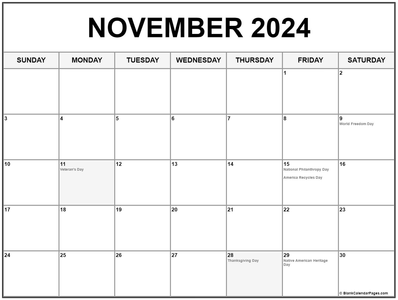 Calendar Of Holidays For November 2024 Elisa Helaine