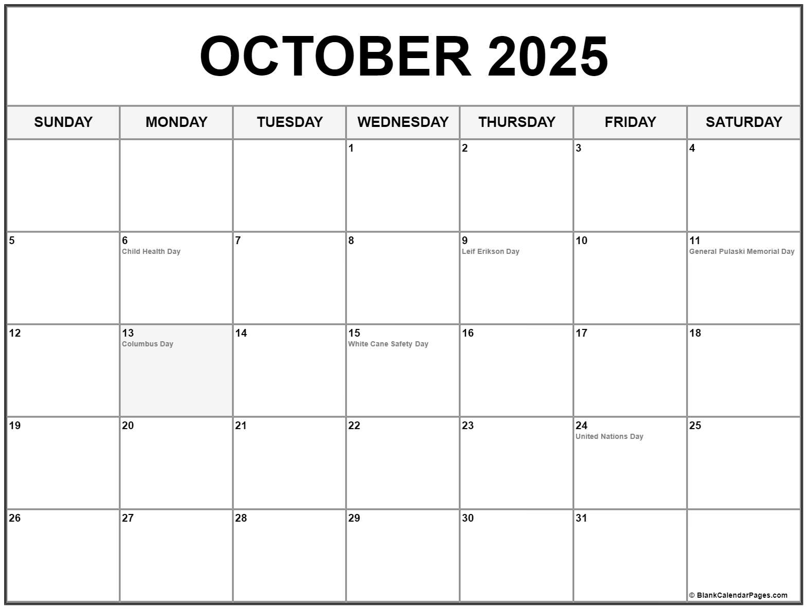 October 2020 calendar with holidays