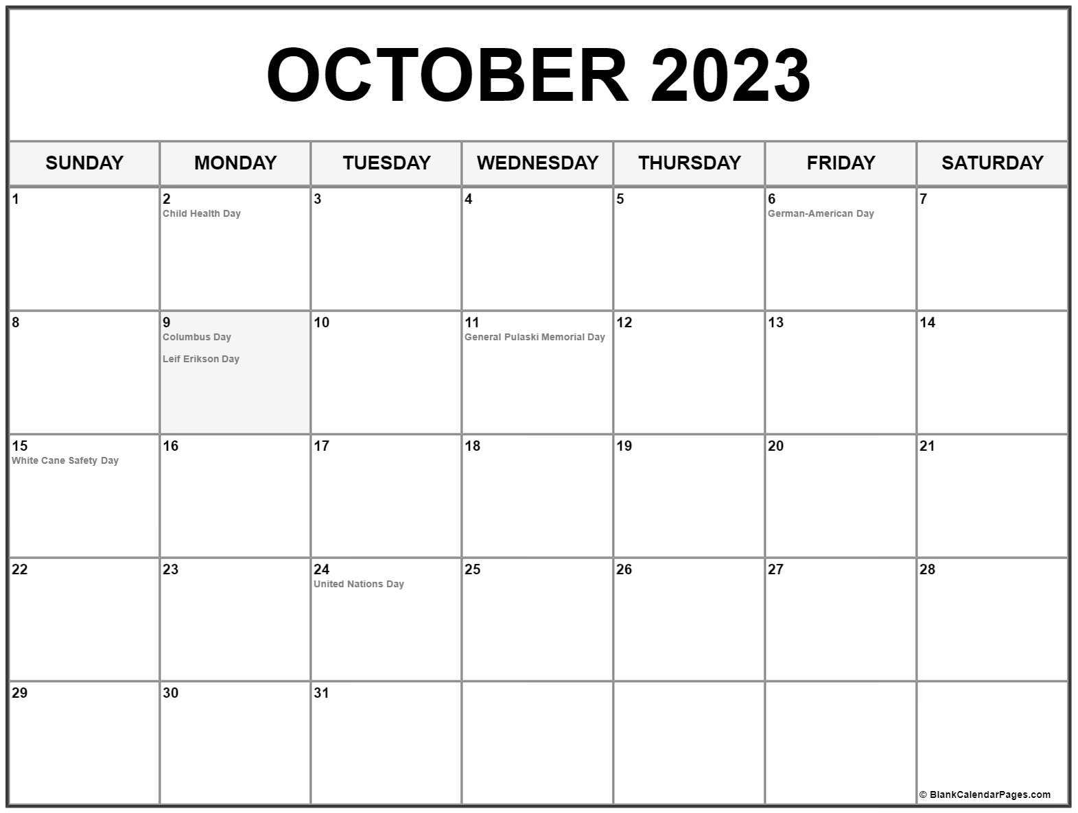 Free Printable Calendar October 2023 With Holidays