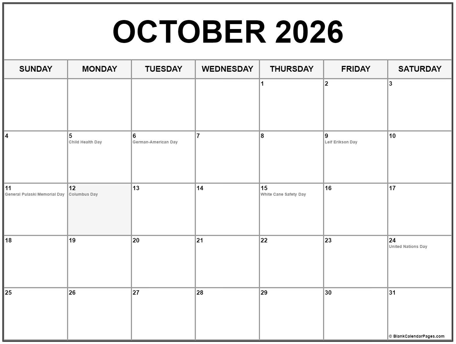 Free Printable October 2026 Calendar With Holidays Calendars 123 Free Printable October 2026 Calendar With Holidays Calendars 123
