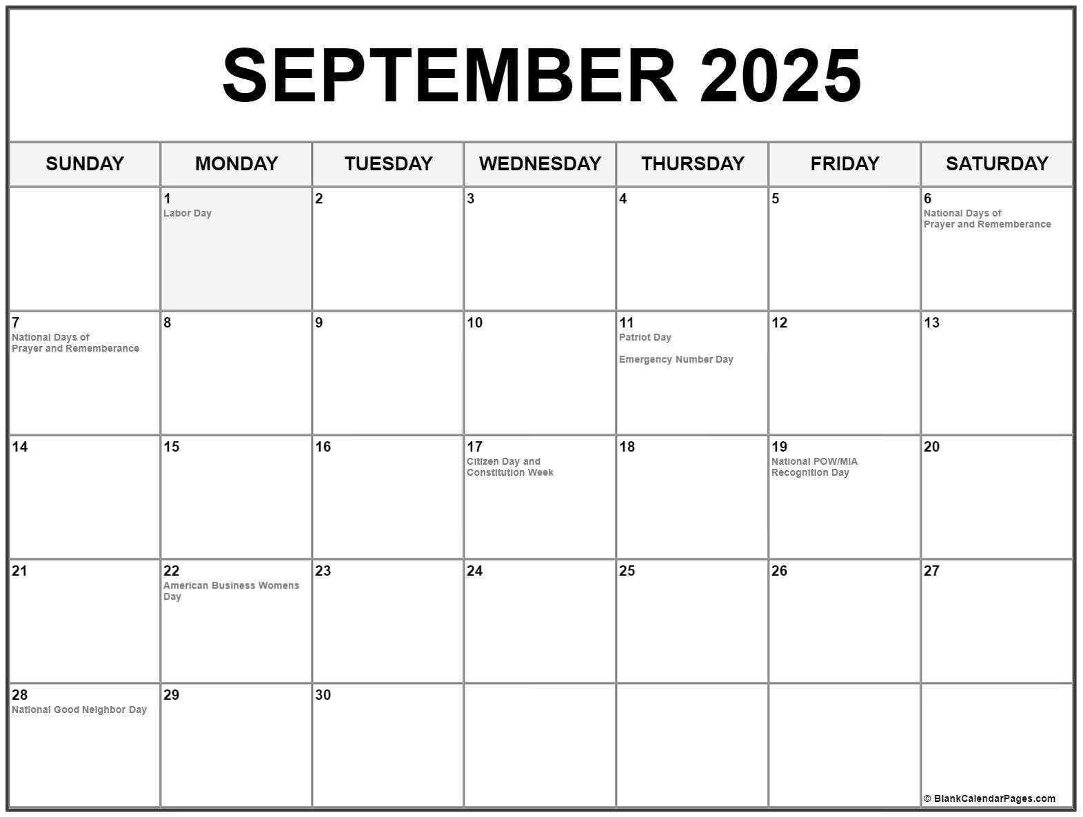 September Calendar 2025 With Holidays Printable