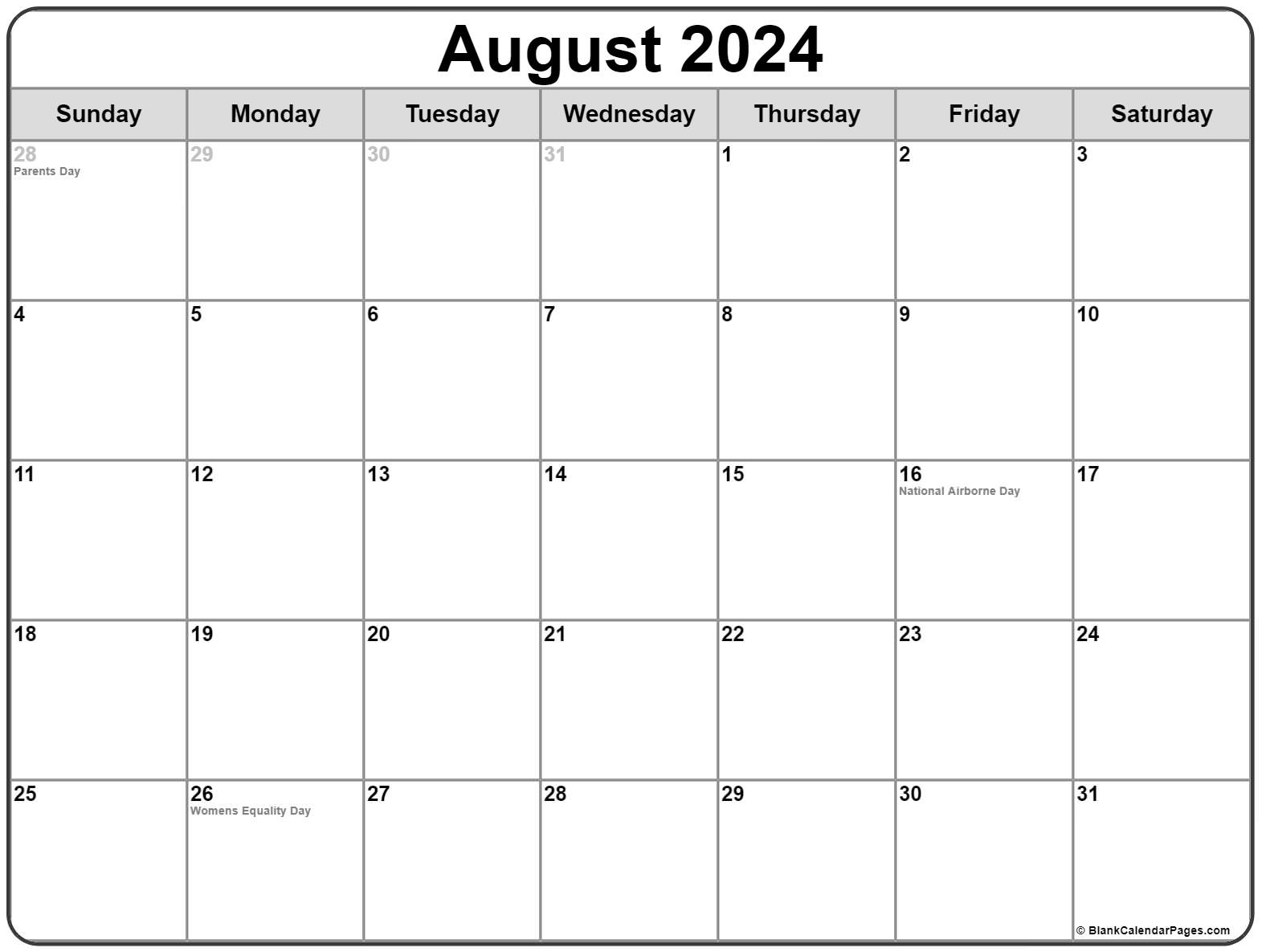 August 2024 With Holidays Calendar