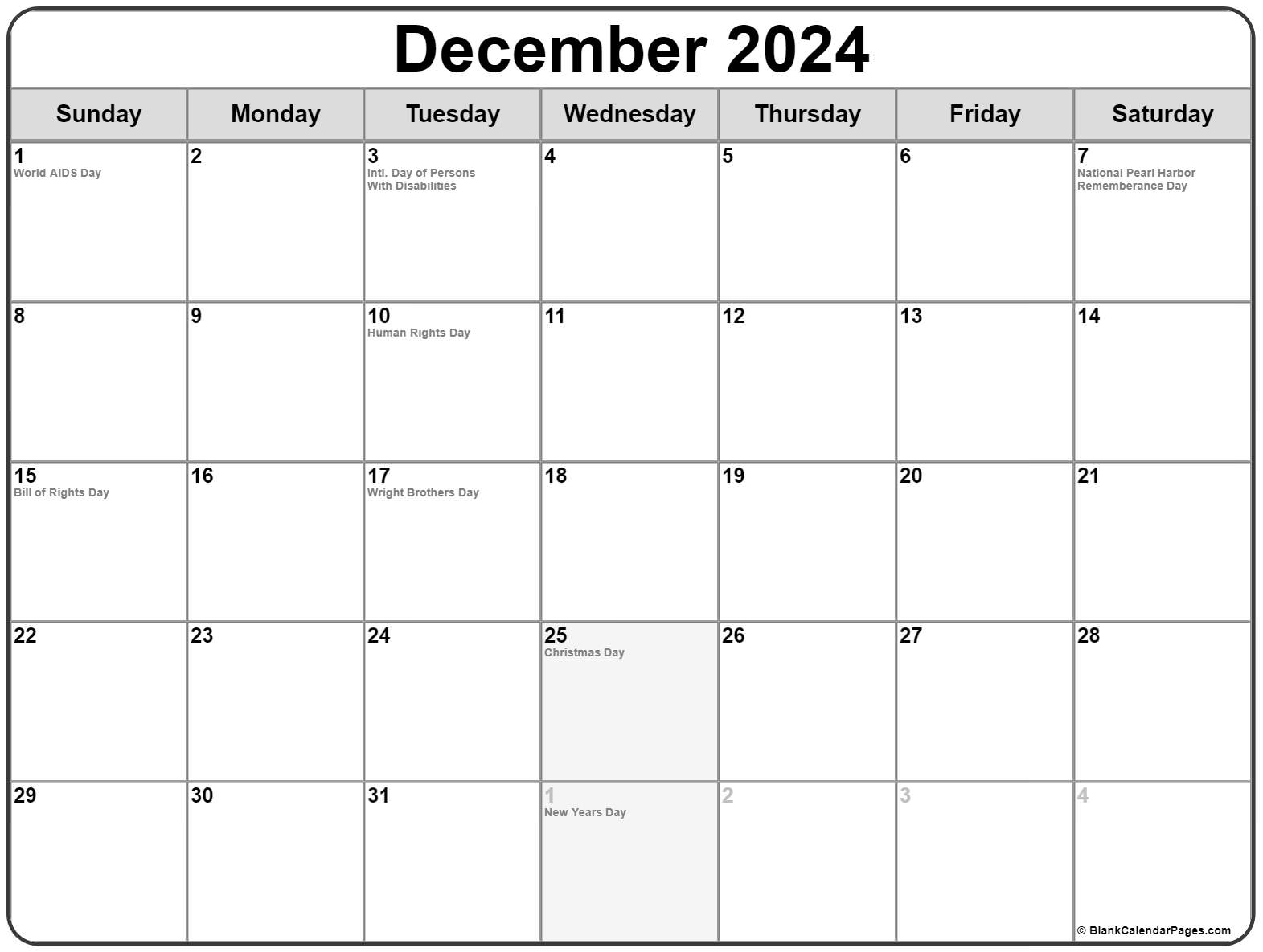 December 2024 with holidays calendar
