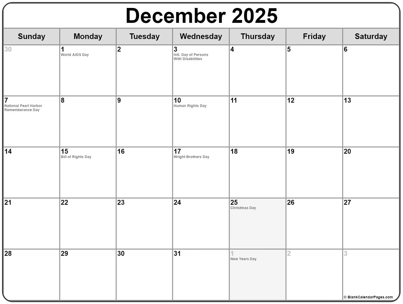 December 2025 With Holidays Calendar
