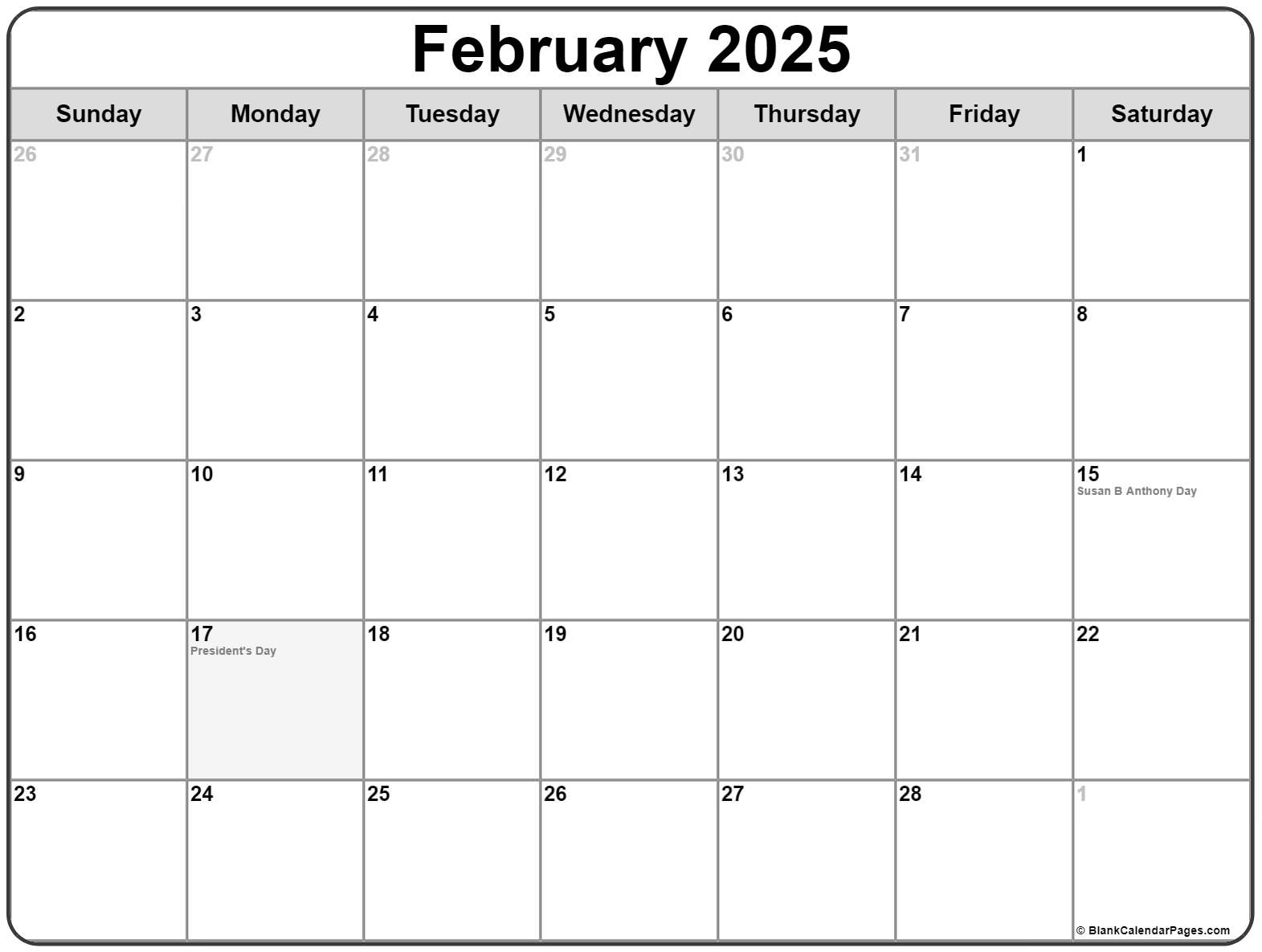 February Calendar 2025 With Holidays