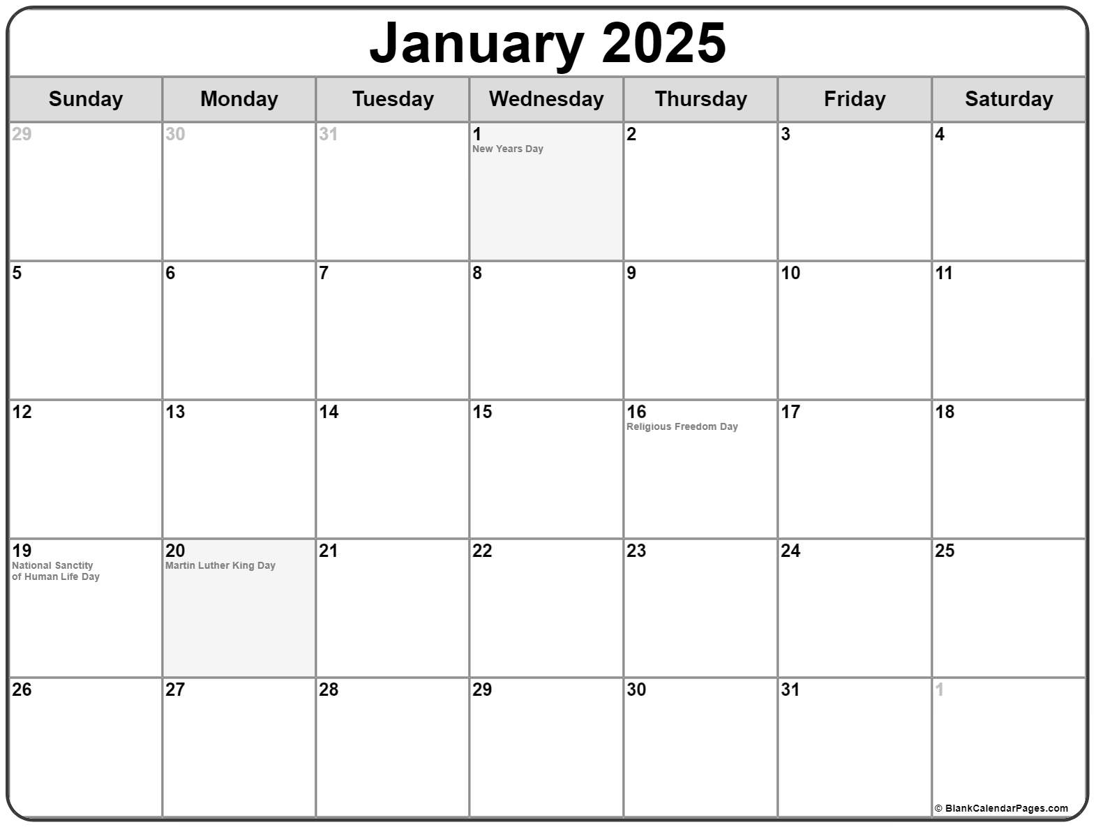 Jan 2025 Calendar Printable Free With Holiday Calendar